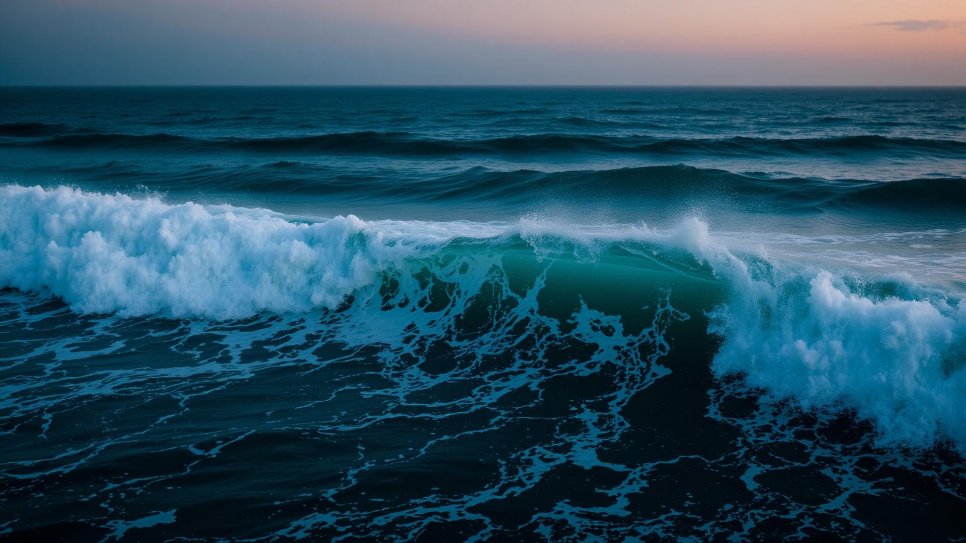 Dawn swell breaking into a teal barrel over open ocean